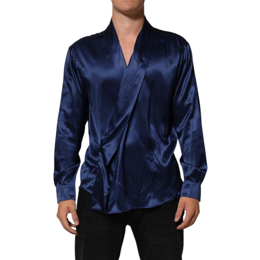 Dolce & Gabbana Blue Oversize Silk Satin Long Sleeves Shirt on model, featuring luxurious fabric and elegant design, ideal for chic styling.