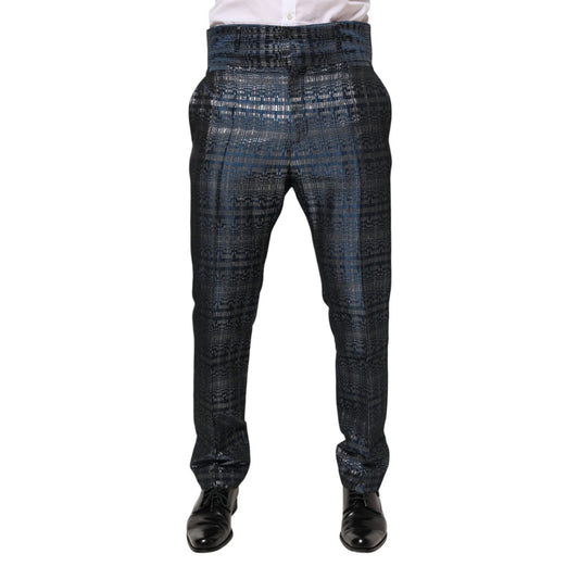 Dolce & Gabbana Blue Silver Shiny Silk Skinny Men Trouser Pants featuring luxurious Italian craftsmanship and bold elegance.