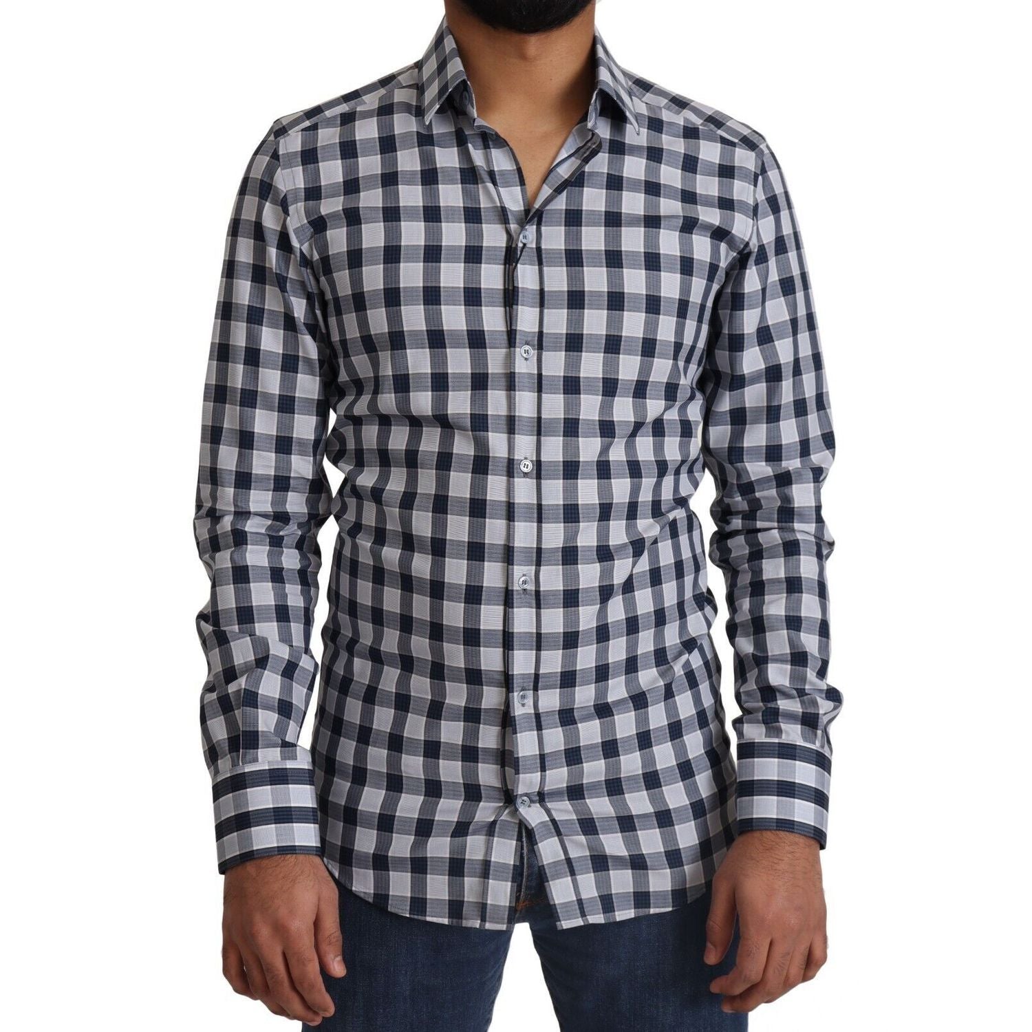 Dolce & Gabbana Blue White Check Cotton Slim Fit GOLD Shirt