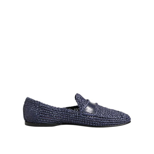 Dolce & Gabbana Blue Woven Leather Slip On Loafers Men Shoes in side view.