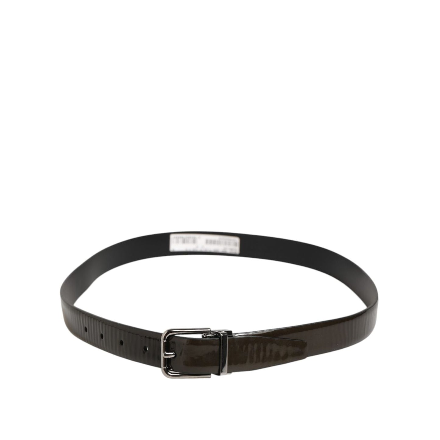 Dolce & Gabbana Brown Glossy Leather Classic Metal Buckle Belt for men with silver-tone buckle and logo details.