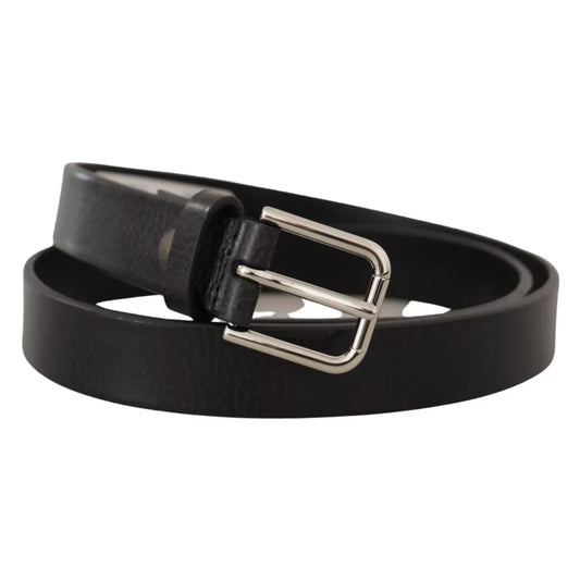 Dolce & Gabbana Calf Leather Silver Tone Black Metal Buckle Belt made in Italy, high-quality black leather with metal buckle.