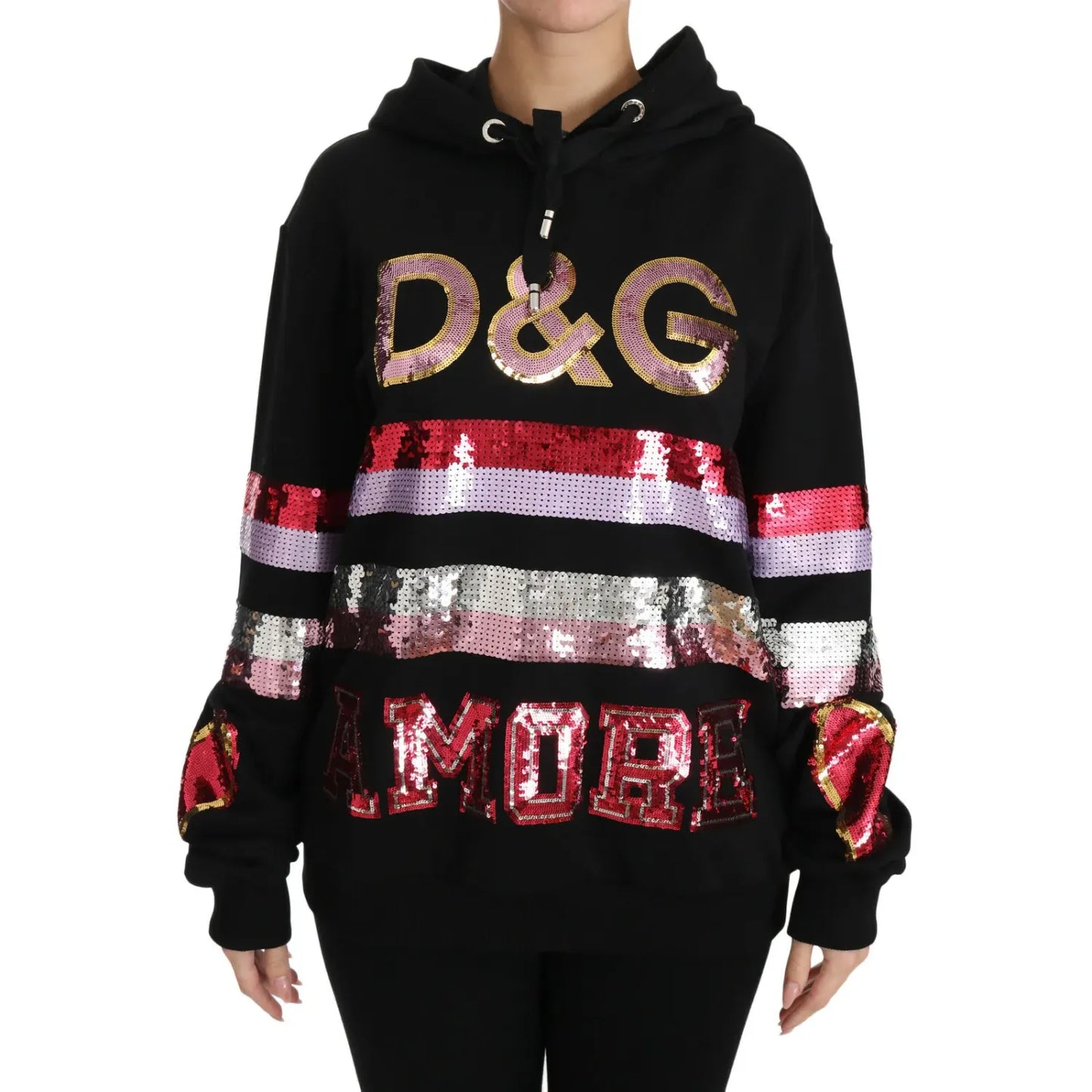 Dolce & Gabbana DG Sequined Hooded Pullover Sweater 100% Cotton,1728,67345645728,Black,Clothing,Dolce & Gabbana,Hoodies - Sweaters - Clothing,IT36 | XS,IT38|XS,New with tags,Sweaters - Clothing,Sweaters - Women - Clothing,Women,Women - Clothing