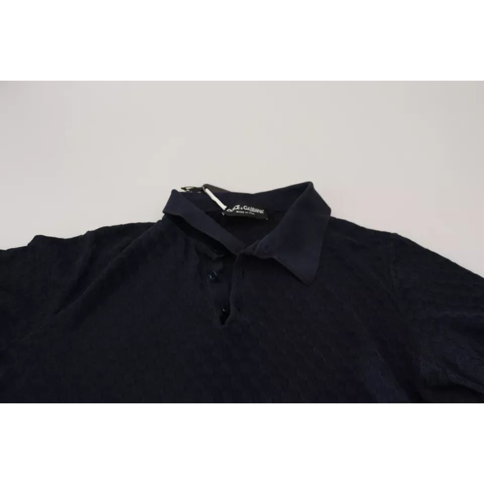 Dolce & Gabbana Dark Blue Collared Polo Casual Silk T-shirt with short sleeves, preowned with tags, made in Italy, 100% silk