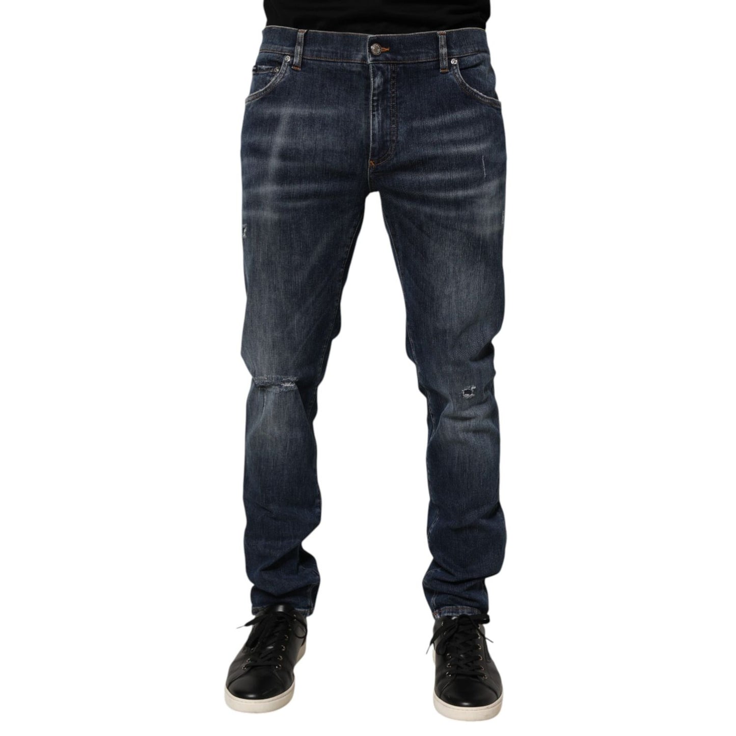 Dolce & Gabbana Dark Blue Washed Running Ripped Denim Jeans featuring distressed details and modern silhouette, perfect for streetwear.