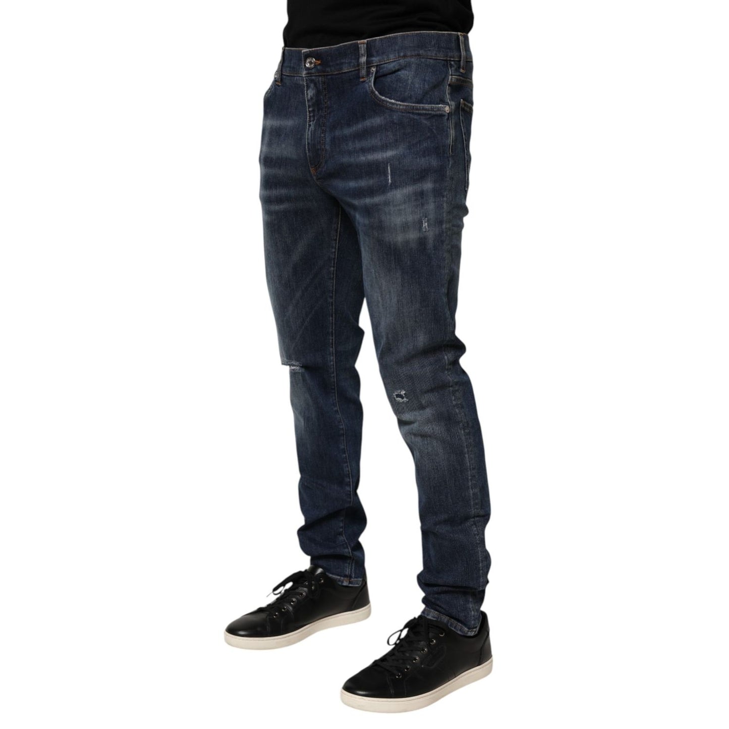 Dolce & Gabbana Dark Blue Washed Running Ripped Denim Jeans displayed on model with black shoes
