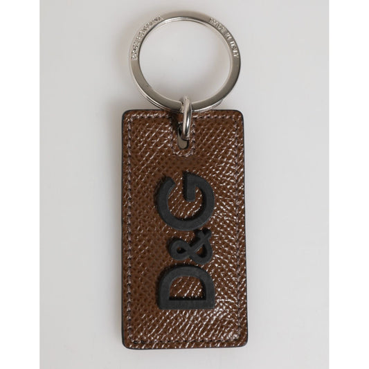 Dolce & Gabbana Dark Brown Leather Logo Metal Ring Keychain Holder Keyring with silver detailing and engraved logo hardware.