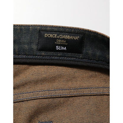 Dolce & Gabbana Dark Brown Tattered Cotton Skinny Denim Jeans