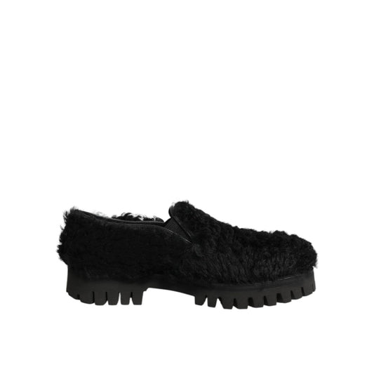 Dolce & Gabbana Dress Black Fur Leather Slippers Men Shoes