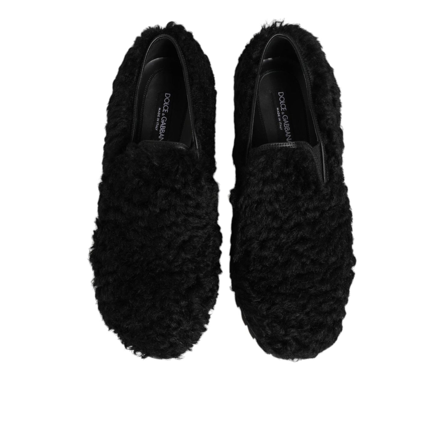 Dolce & Gabbana Dress Black Fur Leather Slippers Men Shoes, elegant slip-on design with soft fur lining for comfort.