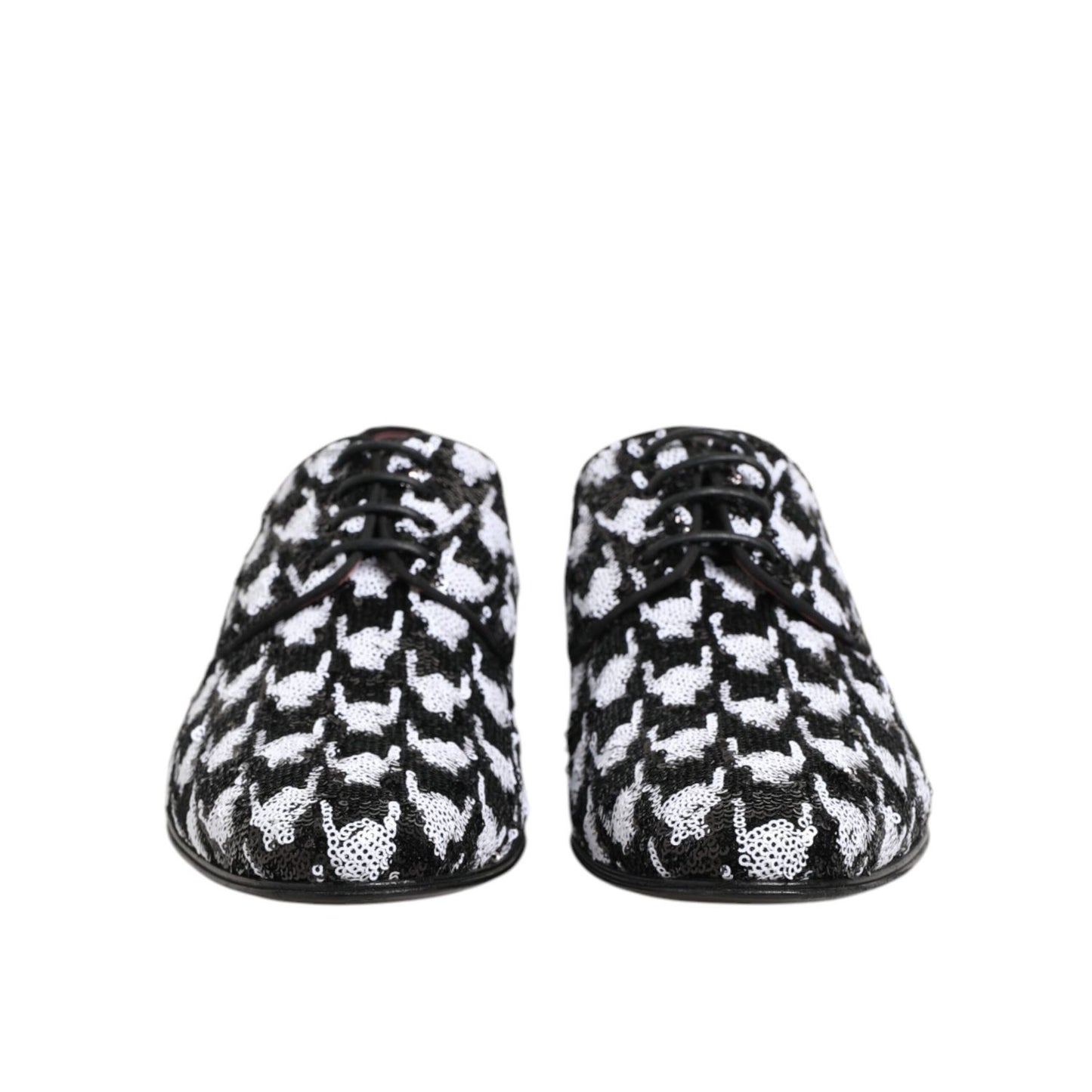 Dolce & Gabbana Dress Black White Sequined Lace Up Derby Shoes front view on white background