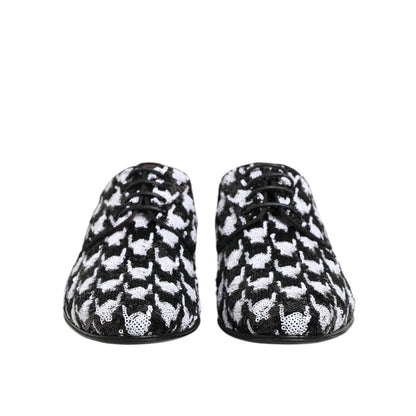 Dolce & Gabbana Dress Black White Sequined Lace Up Derby Shoes front view on white background