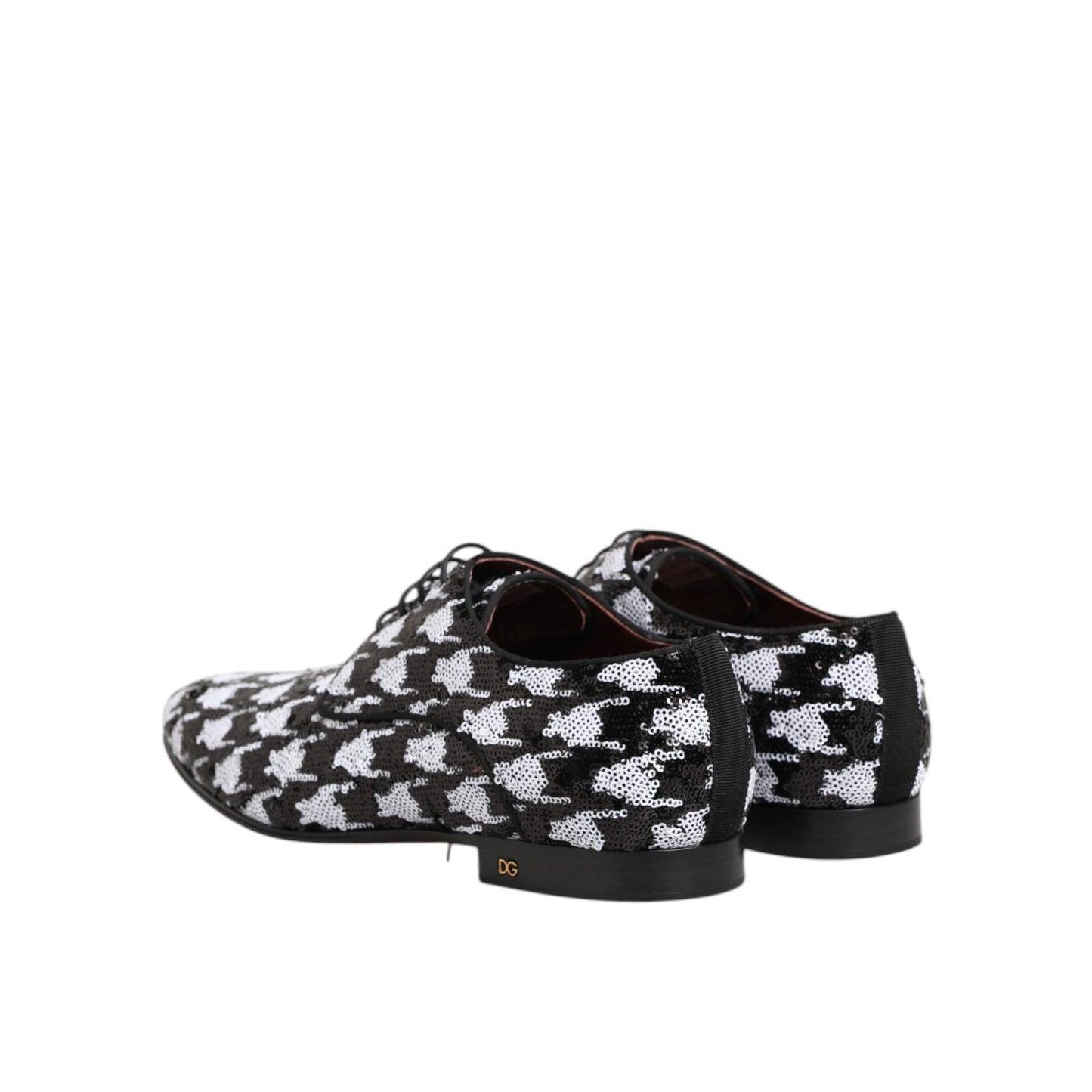 Dolce & Gabbana Dress Black White Sequined Lace Up Derby Shoes, luxury leather footwear, rear view showcasing elegant design and sequins.