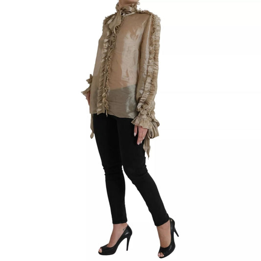 Dolce & Gabbana Gold Ascot Collar Ruffles Blouse Top with long sleeves and button closure, made from polyester and silk blend.