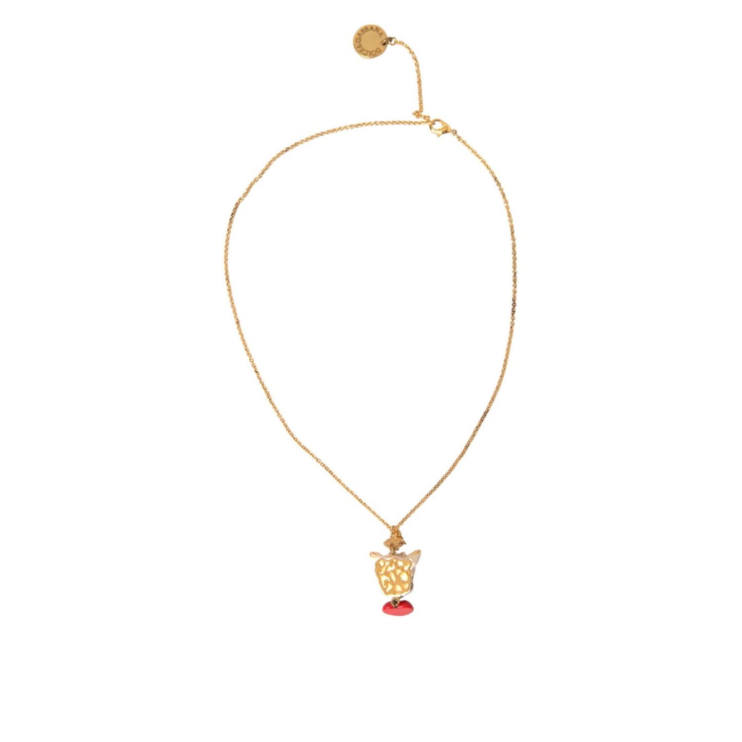 Dolce & Gabbana Gold Brass Chain Dog Heart Pendant Charm Necklace with red crystals, crystal embellished, lobster closure, made in Italy.