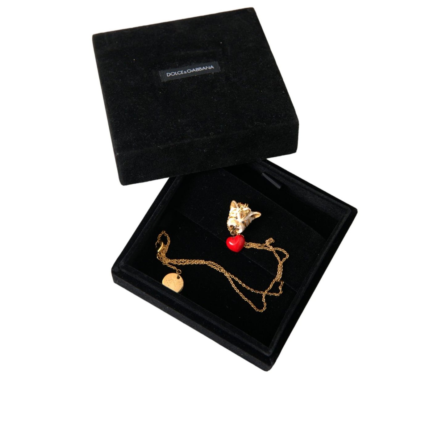 Dolce & Gabbana Gold Brass Chain Dog Heart Pendant Charm Necklace with red crystal in black box.