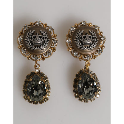 Dolce & Gabbana Gold Brass Crown Medallion Black Crystal Drop Clip On Earrings
