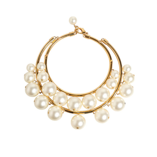 Dolce & Gabbana Gold Brass Faux Pearl Crystal Statement Luxury Jewelry Necklace with large pearls and layered choker design