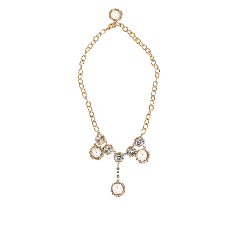 Dolce & Gabbana Gold Crystal Clock Face Pendant Statement Jewelry Necklace with rhinestones on a gold-tone chain.
