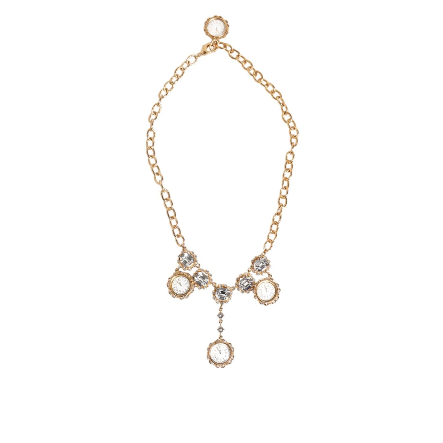 Dolce & Gabbana Gold Crystal Clock Face Pendant Statement Jewelry Necklace with vintage-inspired design and rhinestones.