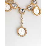 Dolce & Gabbana Gold Crystal Clock Face Pendant Statement Jewelry Necklace showcasing clock-face medallions and rhinestones.
