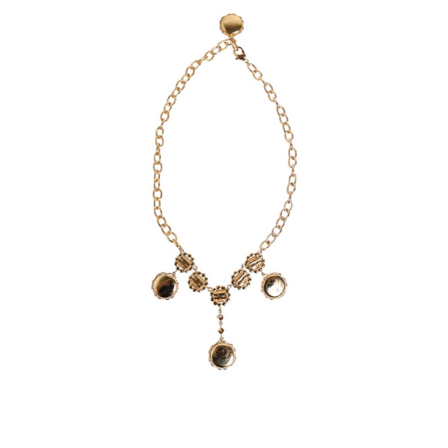 Dolce & Gabbana Gold Crystal Clock Face Pendant Statement Jewelry Necklace with vintage-inspired design.