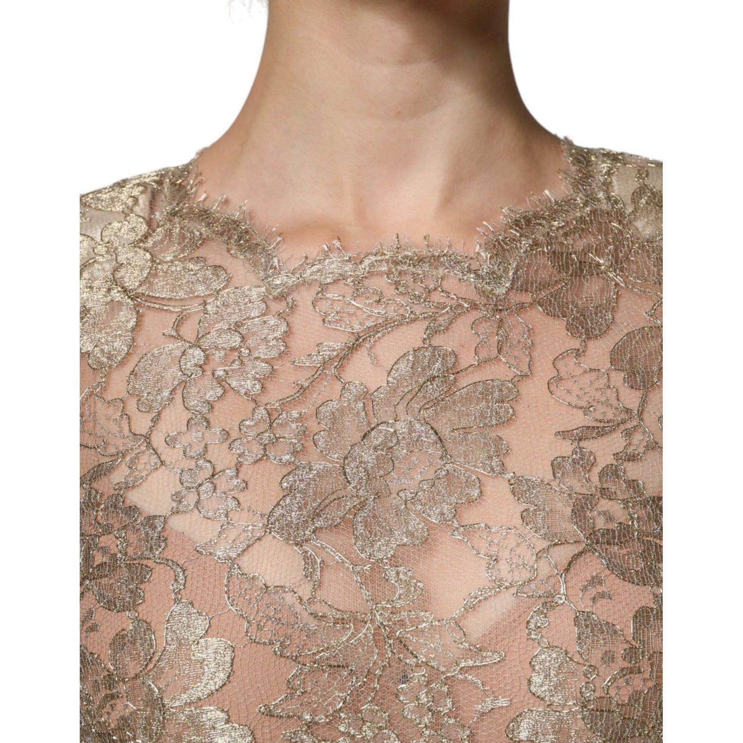 Close-up of Dolce & Gabbana Gold Floral Lace A-line Sheath Mini Dress showing intricate lace detail.