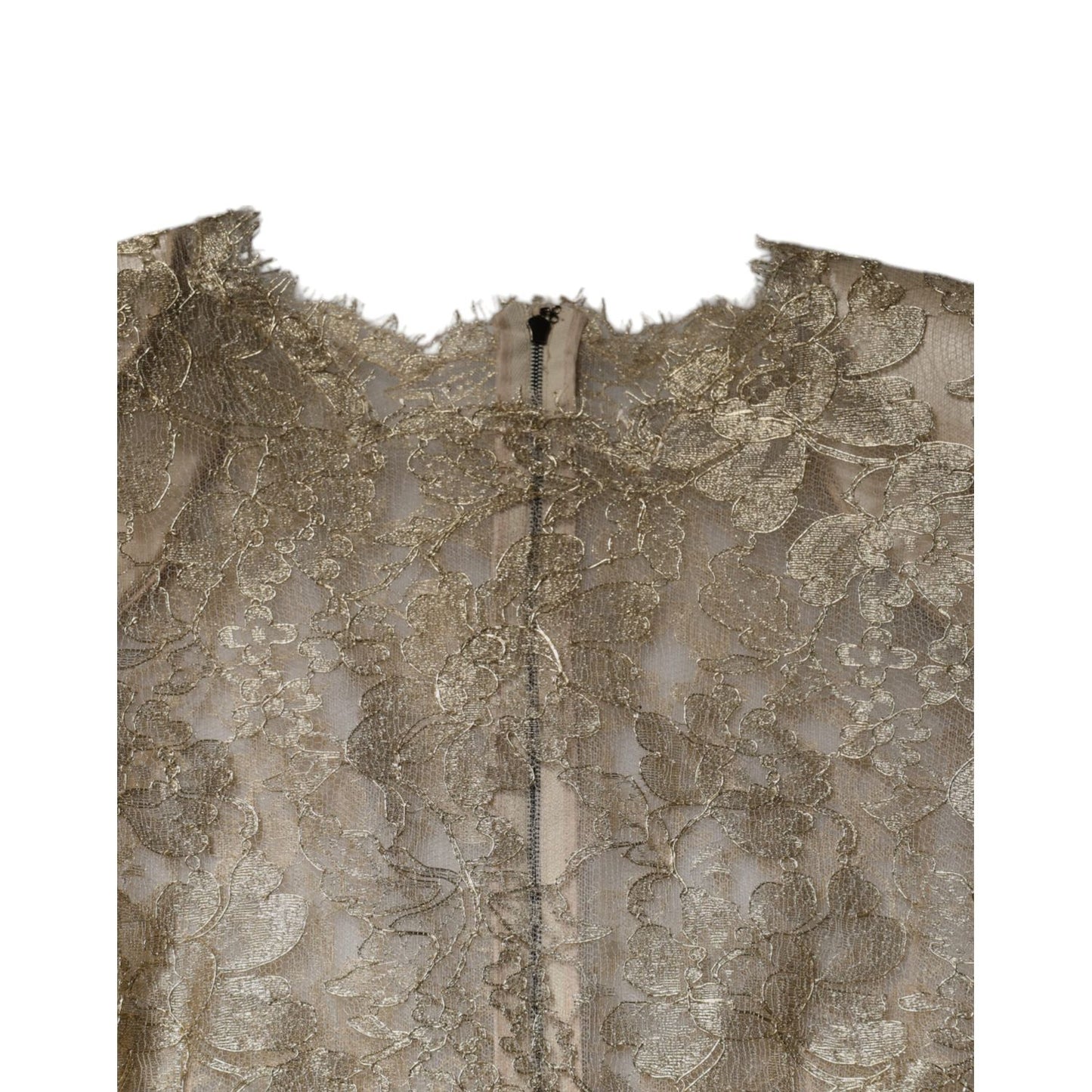 Close-up of Dolce & Gabbana Gold Floral Lace A-line Sheath Mini Dress's intricate lace detailing.