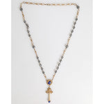 Dolce & Gabbana Gold Tone Beaded Chain Religious Cross Necklace with sterling silver, natural gem, made in Italy.