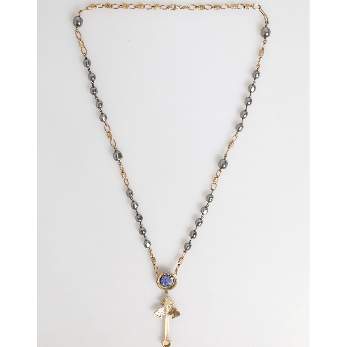Dolce & Gabbana Gold Tone Beaded Chain Religious Cross Necklace with silver and gold accents, featuring a cross pendant.