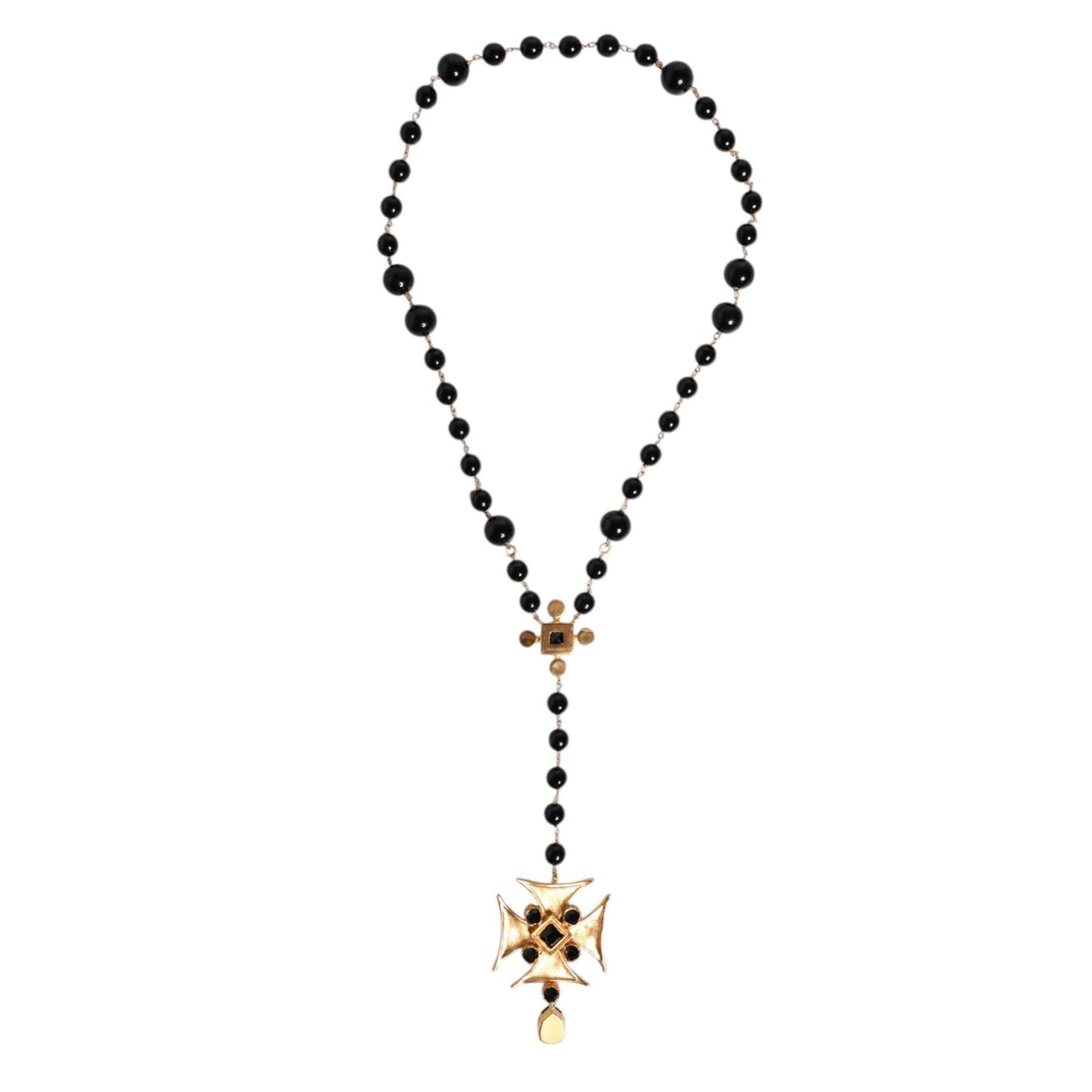 Dolce & Gabbana Gold Tone Brass Cross Black Beaded Chain Rosary Necklace