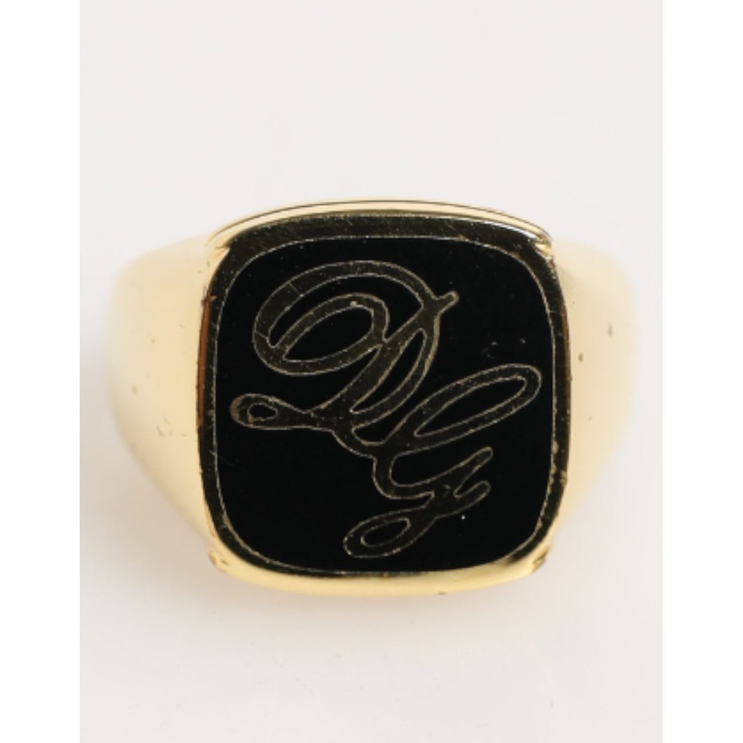 Dolce & Gabbana Gold Tone Enamel Brass Signet DG Logo Adjustable Ring with black enamel face and engraved DG logo