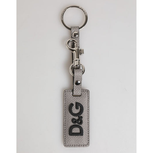 Dolce & Gabbana Gray Leather Logo Metal Ring Keychain Holder Men Keyring in luxury calf leather with silver detailing.
