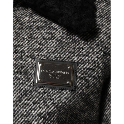 Dolce & Gabbana Gray Wool Herringbone Shearling Collar Bomber Jacket