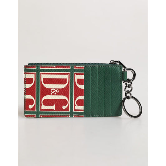 Dolce & Gabbana Green Calf Leather Logo Print Monogram Card Holder Wallet with zip and ring fastening, made in Italy.