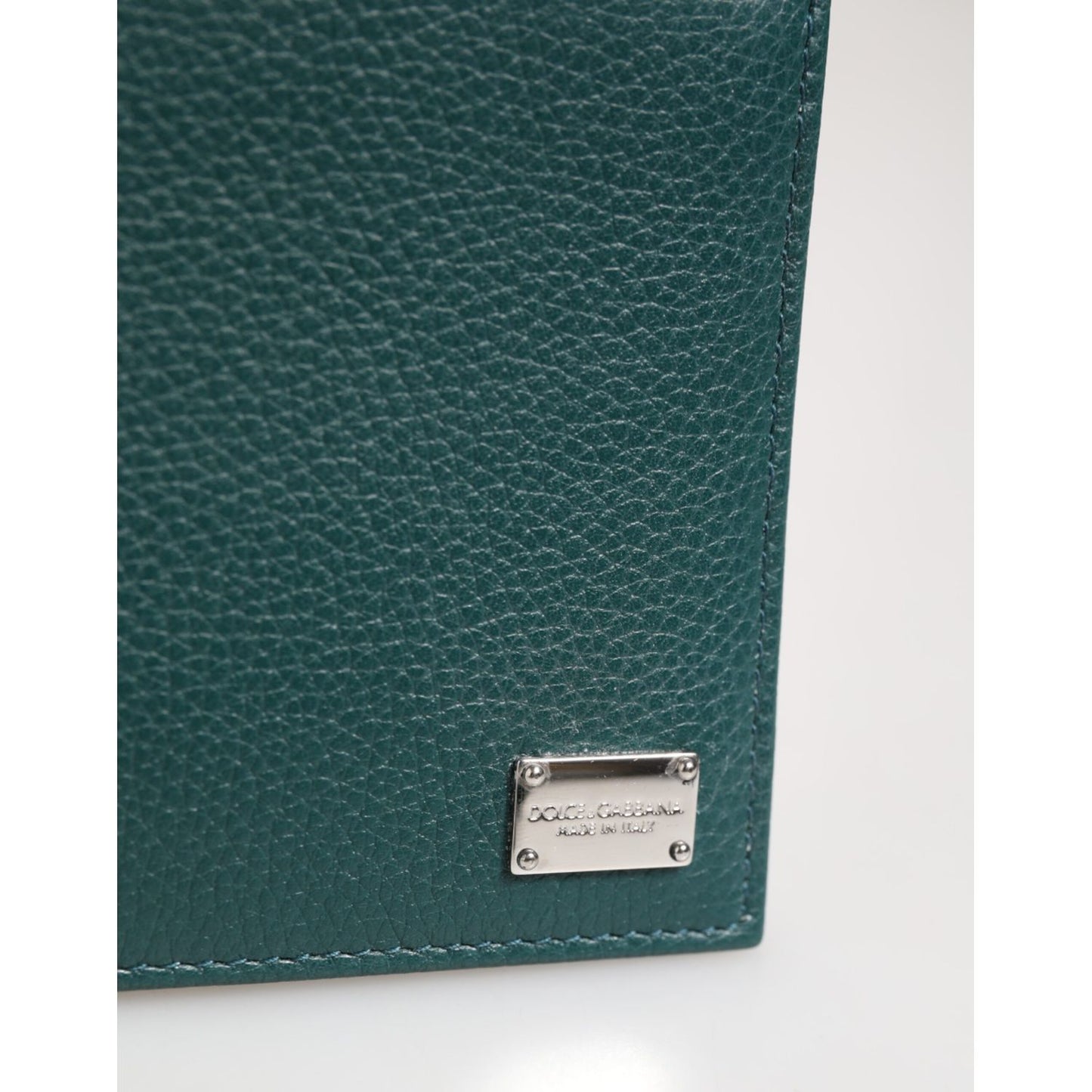 Dolce & Gabbana Green Leather DG Logo Engrave Men Bifold Card Holder Wallet with metal logo plaque, pebbled texture, made in Italy.