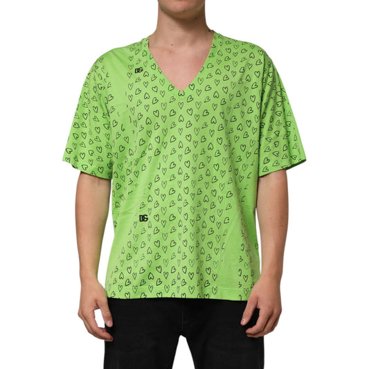 Dolce & Gabbana Green V-Neck DG Logo Heart Print T-shirt showcasing a trendy oversized fit.