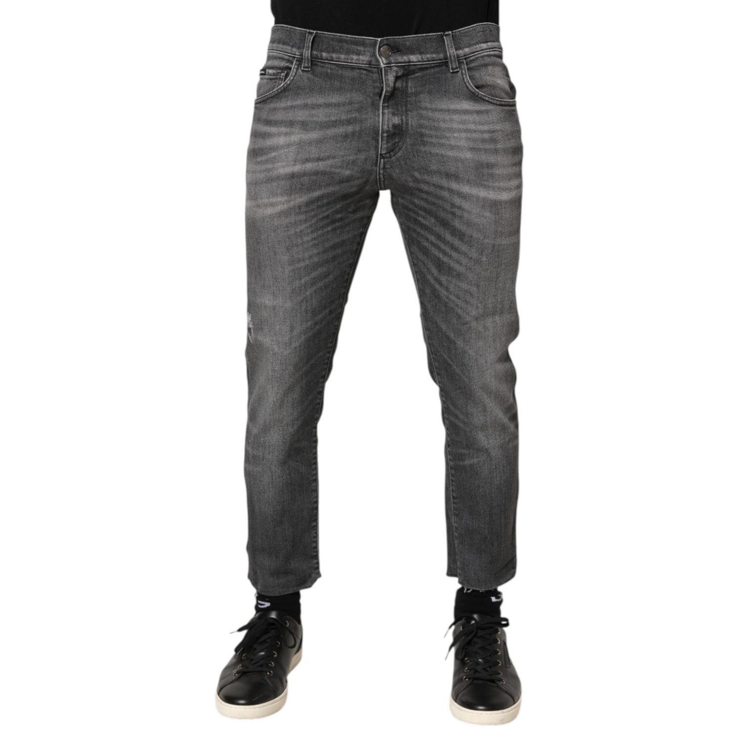 Dolce & Gabbana Grey Cotton Denim Slim Fit Distressed Pants Jeans