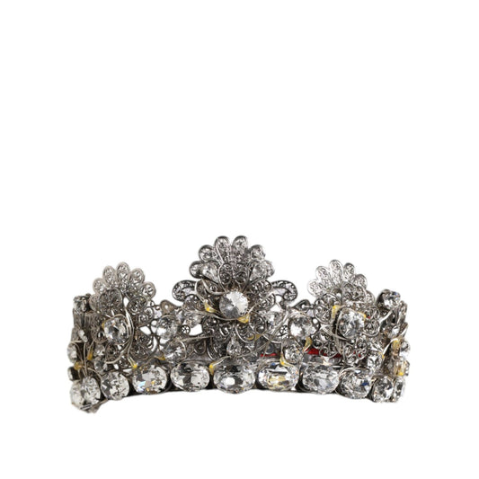 Dolce & Gabbana LED Crystal Embellished Silver Floral Filigree Crown Tiara showcasing intricate design and sparkling crystals.