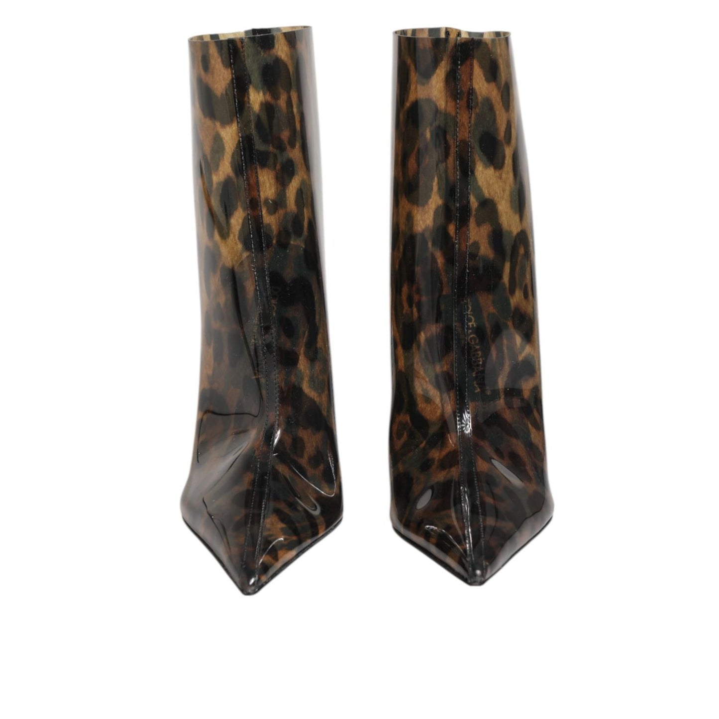 Dolce & Gabbana Leopard Print PVC Pointed Toe Boots Shoes with stiletto heel and DG logo detail.