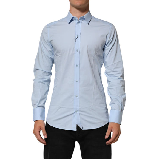 Dolce & Gabbana Light Blue Cotton GOLD Formal Men Dress Shirt, long sleeve, classic collared design, luxury styling for special occasions.