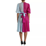 Dolce & Gabbana Light Blue Silk Two Tone Midi Dress with fuchsia accents and zipper closure, made in Italy.