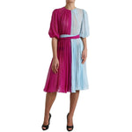 Dolce & Gabbana Light Blue Silk Two Tone Midi Dress in fuchsia and blue, featuring zipper closure and logo details, 100% silk.