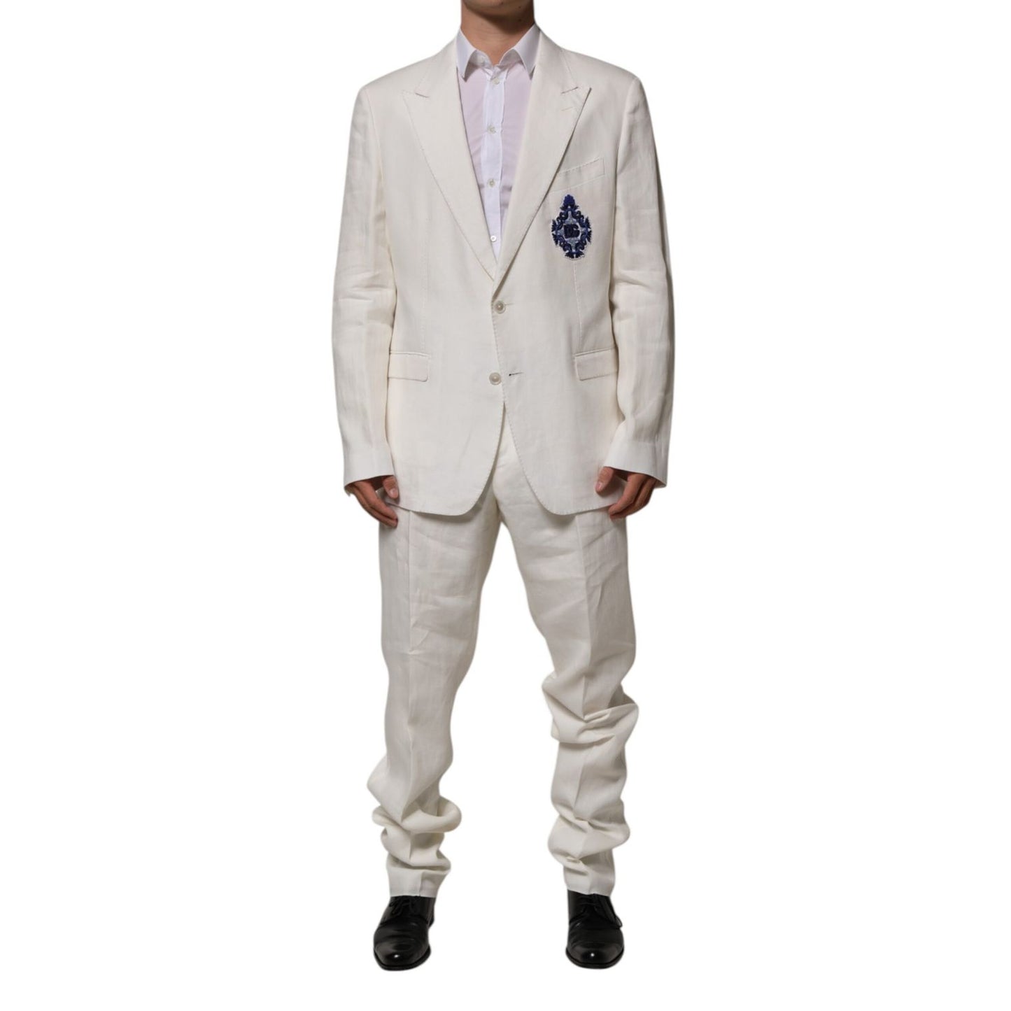 Dolce & Gabbana Light Cream Linen Embroidered 2 Piece Suit for men with DG crest patch, formal blazer and pants set.