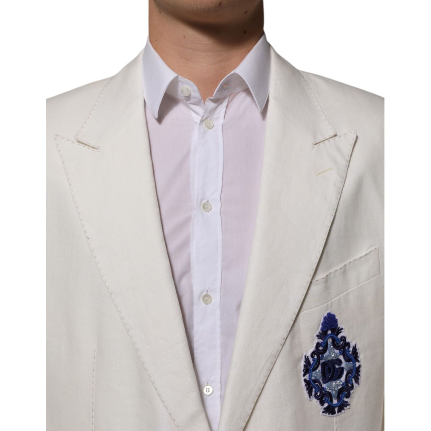Dolce & Gabbana Light Cream Linen Embroidered 2 Piece Suit with DG crest patch on chest, buttoned white shirt, formal attire.