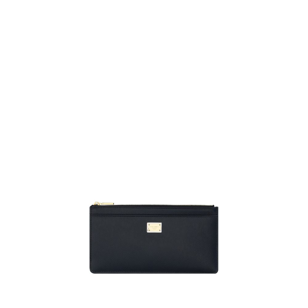 Dolce & Gabbana Logoed Card Holder in black leather, featuring a zippered top, front slit pocket, and logo plaque for an elegant design.