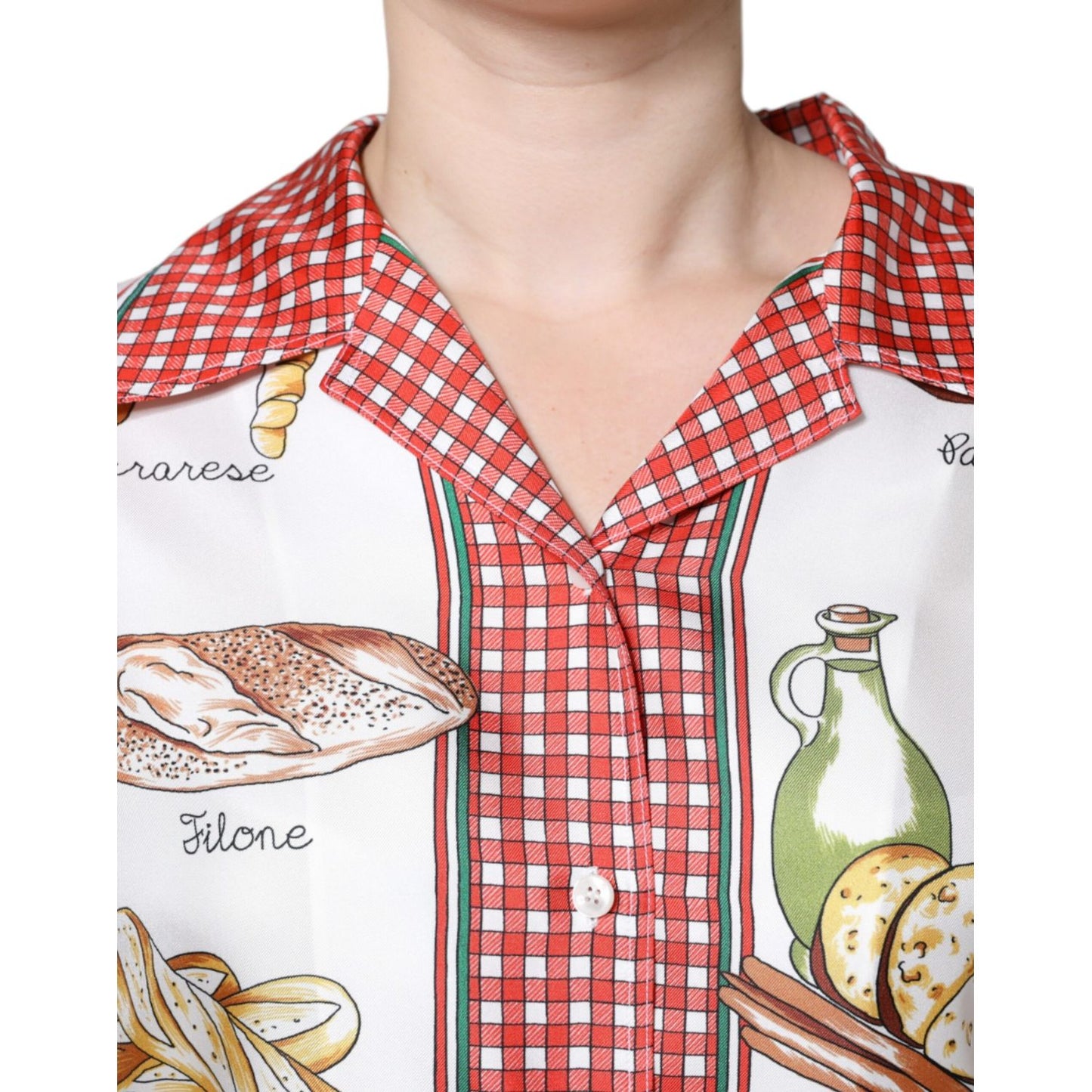 Dolce & Gabbana Multicolor Bread Print Collared Blouse Top 1728,67345645728,Blouses - Shirts - Clothing,Clothing,Dolce & Gabbana,IT44 | L,Material: 100% Silk,Multicolor,Preowned / Defect,Shirts - Clothing,Tops & T-Shirts - Women - Clothing,Women