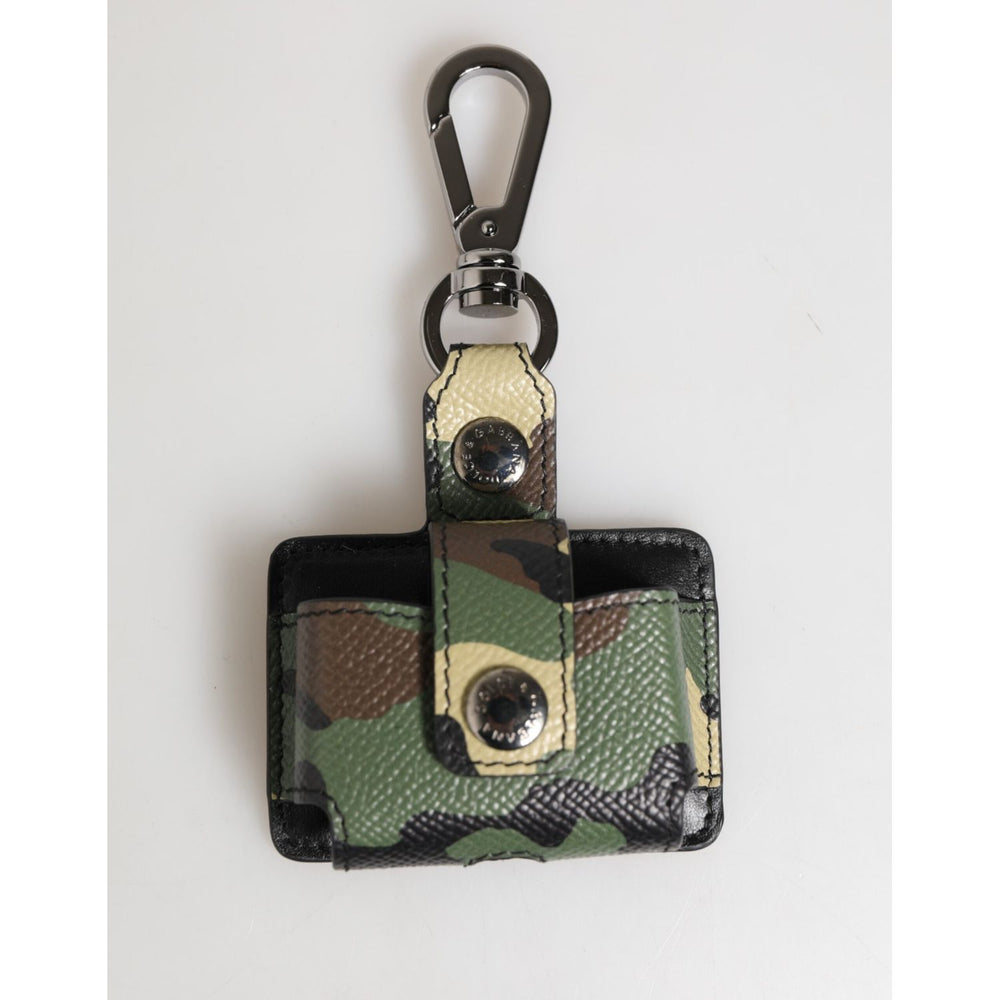 Dolce & Gabbana Multicolor Camouflage Leather Metal Accessory Airpods Case with keychain clip, displaying luxury Italian craftsmanship.