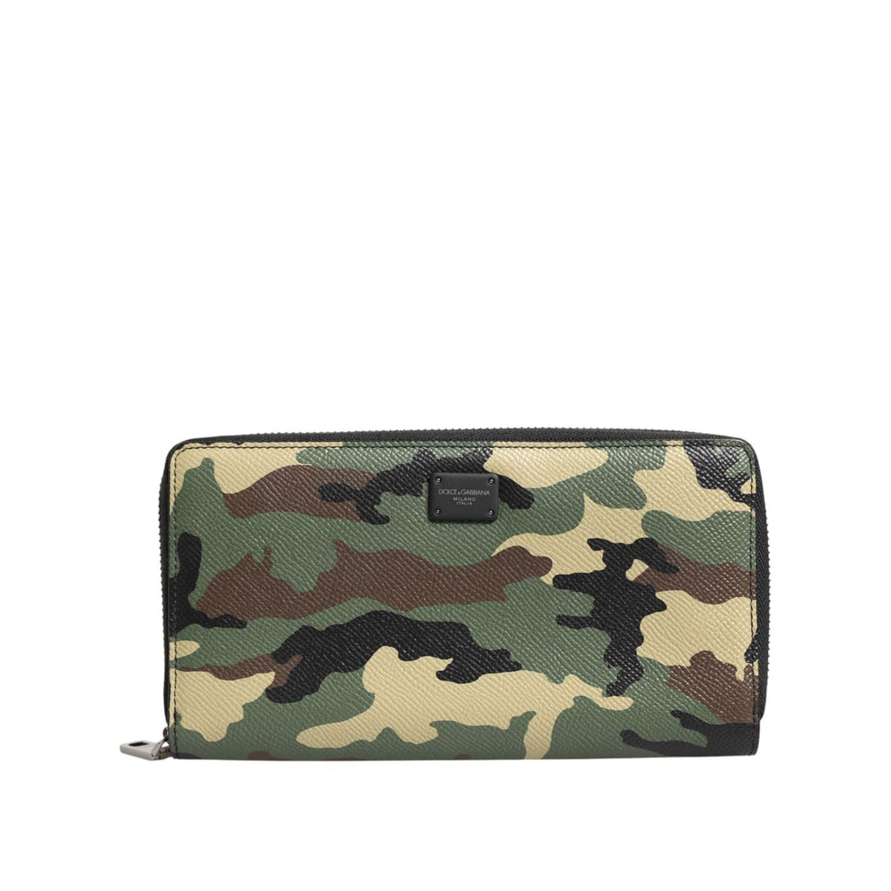 Dolce & Gabbana Multicolor Camouflage Logo Zip Around Continental Wallet in calf leather with zipper closure and logo detail.