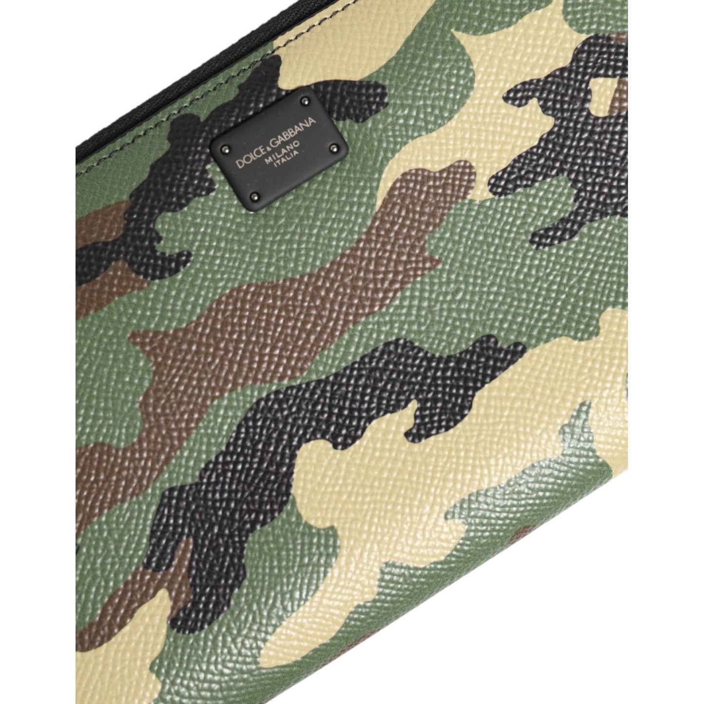 Close-up of Dolce & Gabbana Multicolor Camouflage Logo Zip Around Continental Wallet showcasing leather texture and logo detail.